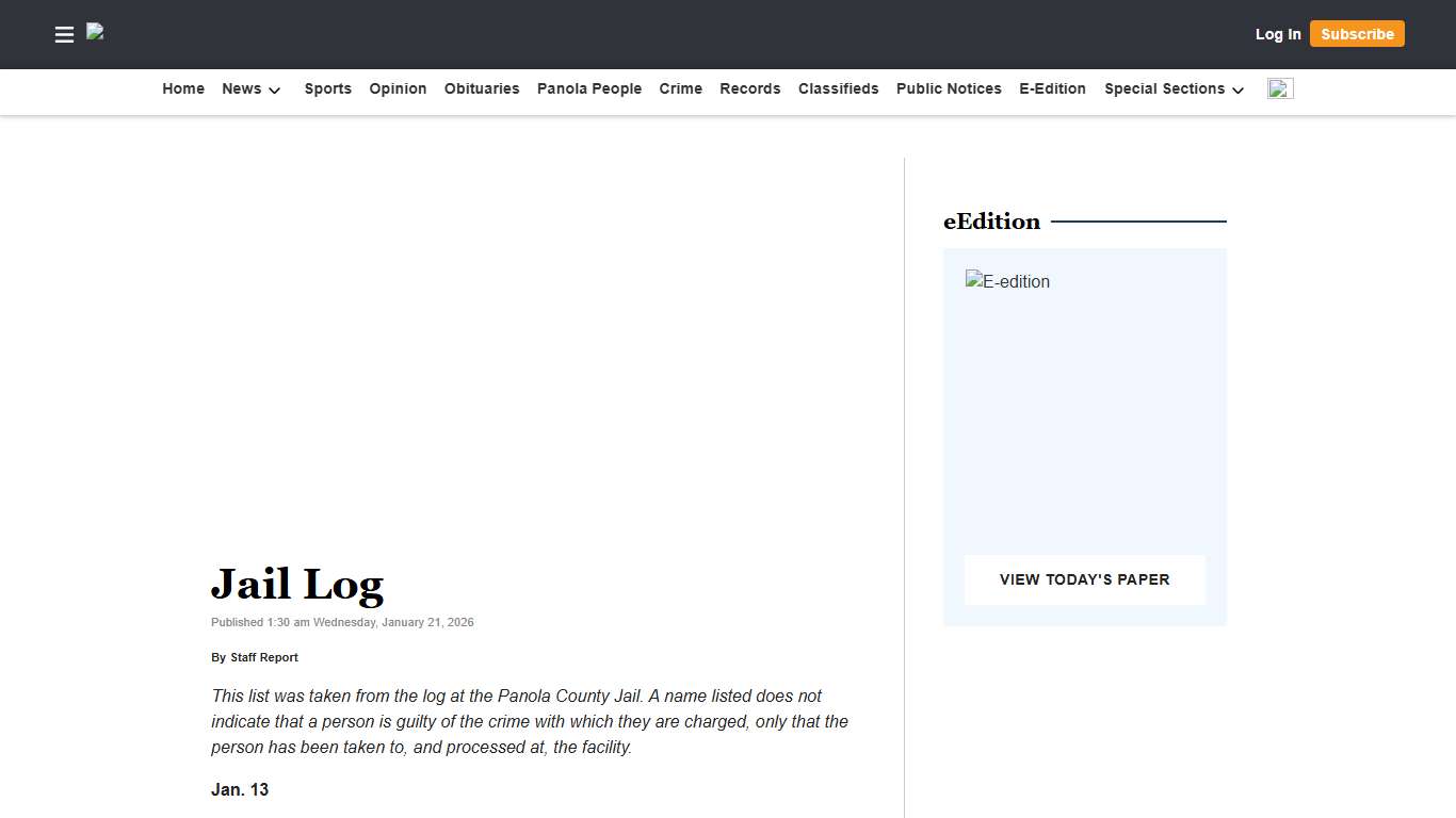Jail Log The Panolian